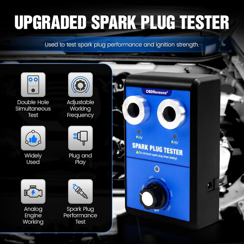 OBDResource Spark Plug Tester, Dual Holes Automotive Engine Ignition Coil Tester 0 to 6000RPM Adjustable Working Frequency Car Motorcycle Spark Tester Tool for 12V Gasoline Vehicles Spark Plug Socket - Image 2